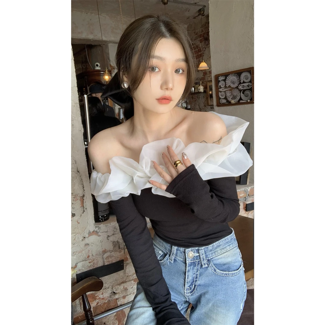 一字肩T恤女春季设计感小众网纱拼接打底衫长袖修身内搭短款上衣