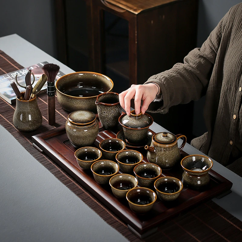 窑变钧瓷建盏功夫茶具陶瓷家用茶盏精品沙金中式喝茶办公室用