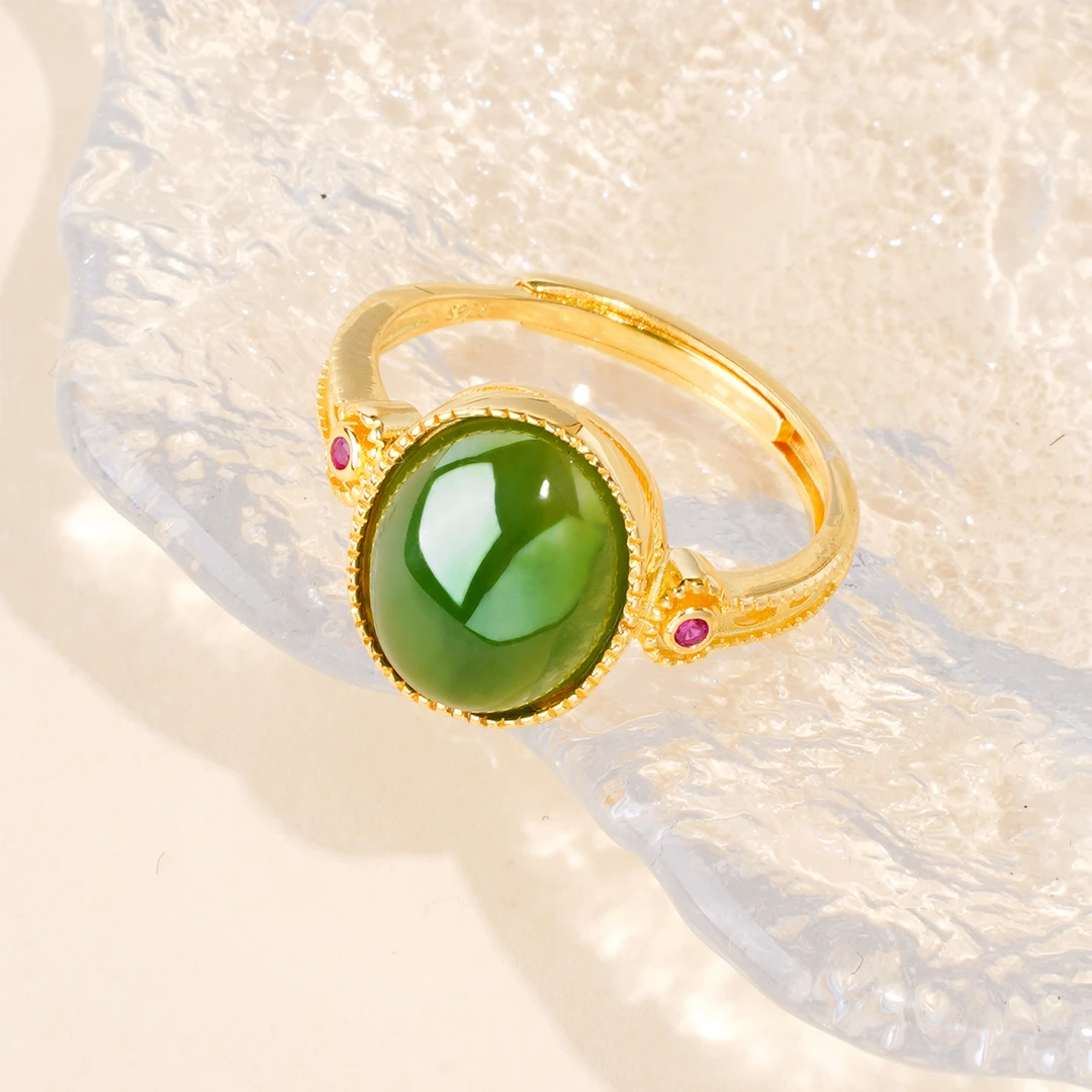 和田玉073碧玉蛋面开口戒s925银厚镶 约9*11mm 多样性发一