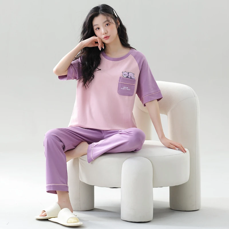 开衫小香风睡衣女秋冬款简约时尚刺绣灰色套装B131-B132-B440