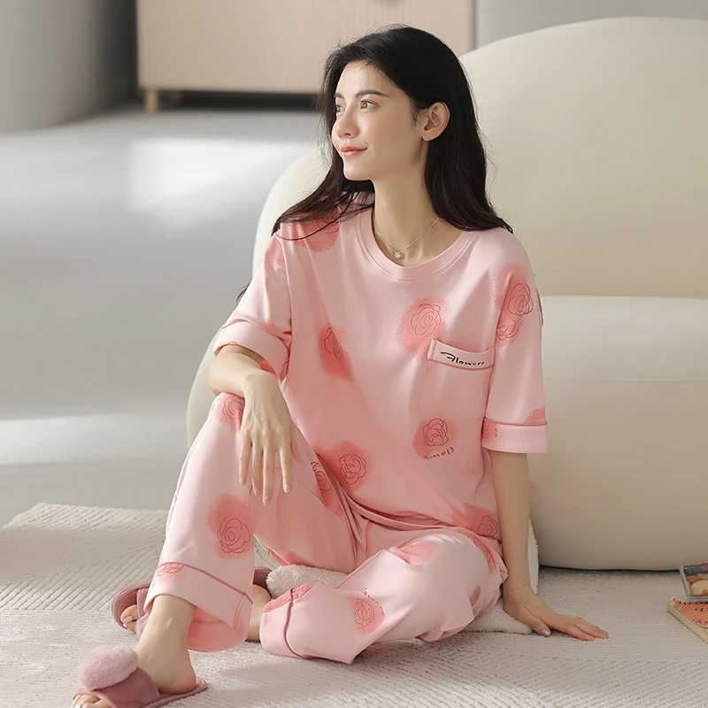 品牌夏季新款棉满印玫瑰粉色长裤女睡衣套装女生家居服