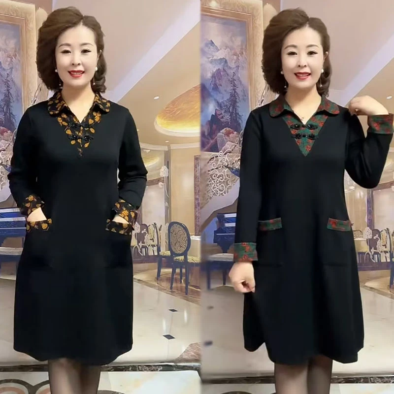 2024秋冬新款妈妈复古盘口假两件连衣裙遮肉显瘦POLO领中长款裙子