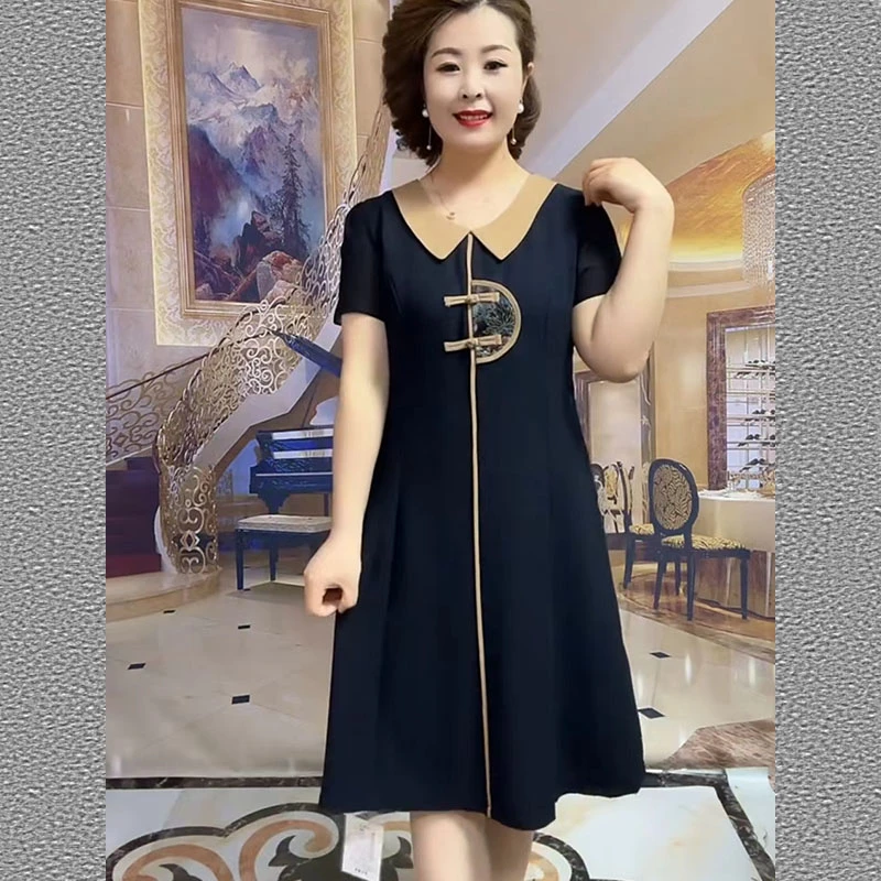 女装连衣裙中老年妈妈装2025夏季短袖时尚气质中长款洋气小黑裙女