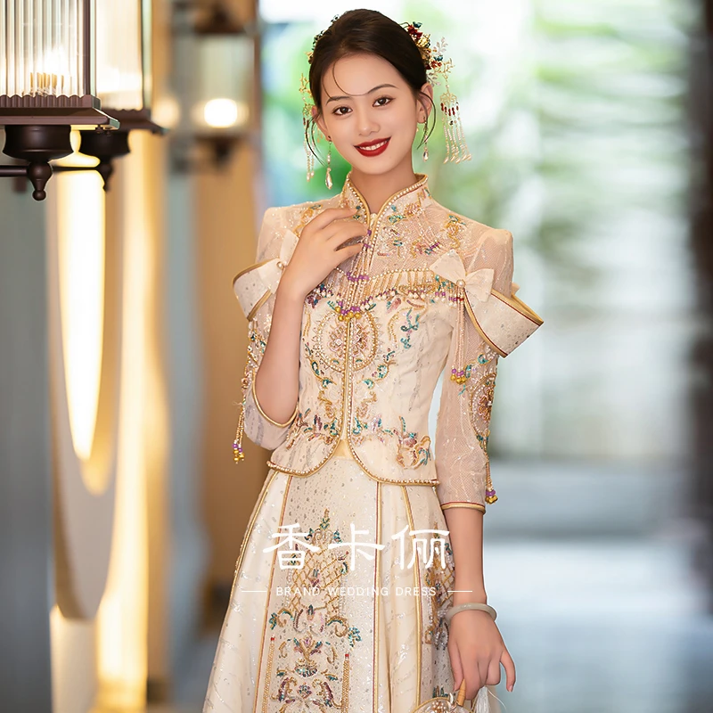 高端秀禾服2024秋季新款新娘中式婚纱结婚显瘦礼服米色敬酒服嫁衣