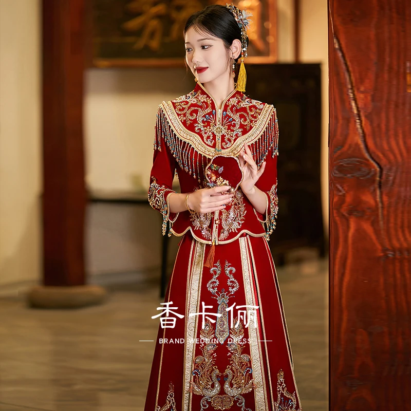 奢华披肩秀禾服2025春秋新款中式新娘气质显瘦喜庆结婚嫁衣敬酒服