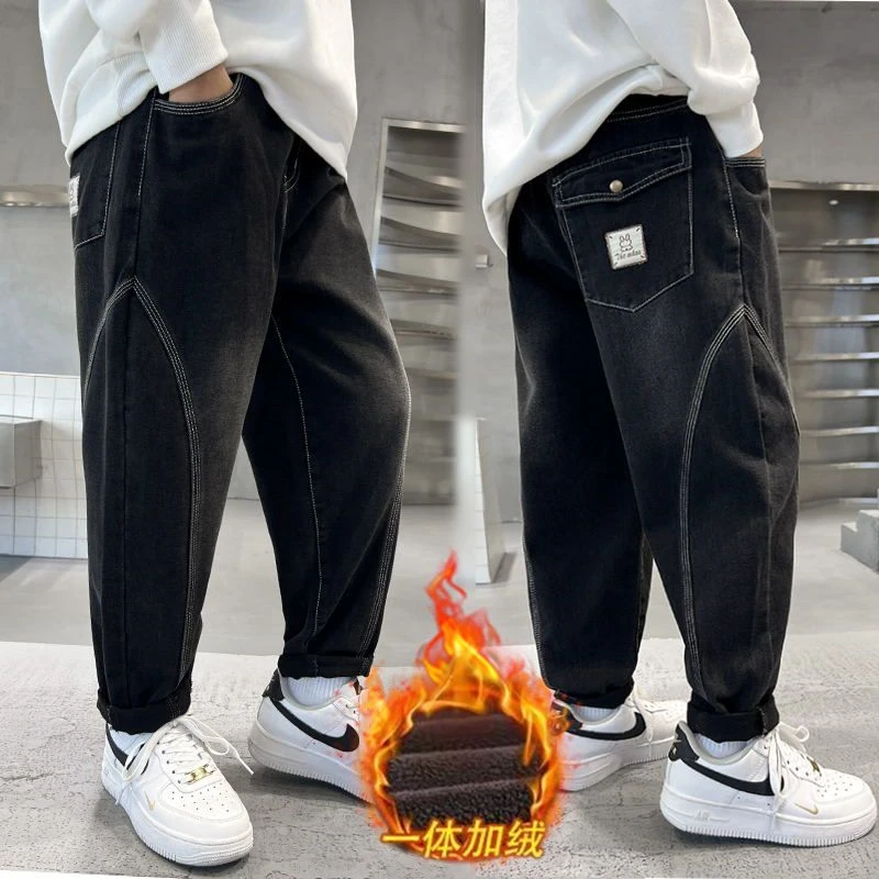 男童加绒裤子秋冬款2023款男童加绒牛仔裤儿童一体绒长裤宽松加厚