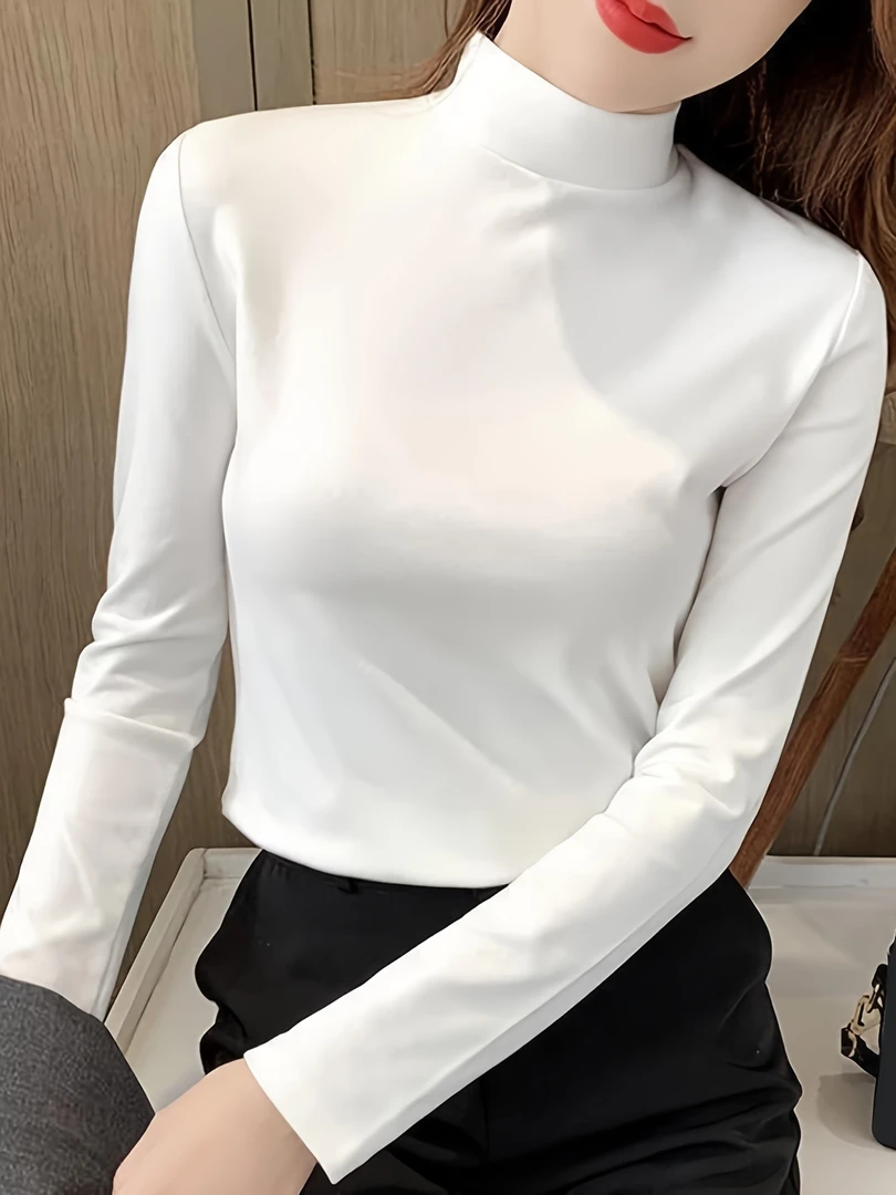 女白色纯色T恤 秋冬打底衫 高领长袖百搭加绒