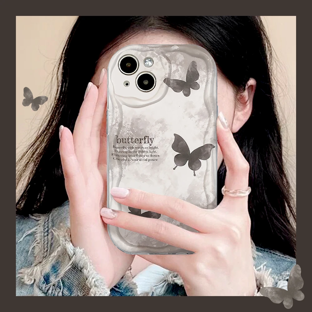 适用苹果/华为/OPPO/VIVO/小米F 高级感晕染灰色蝴蝶透明手机壳女