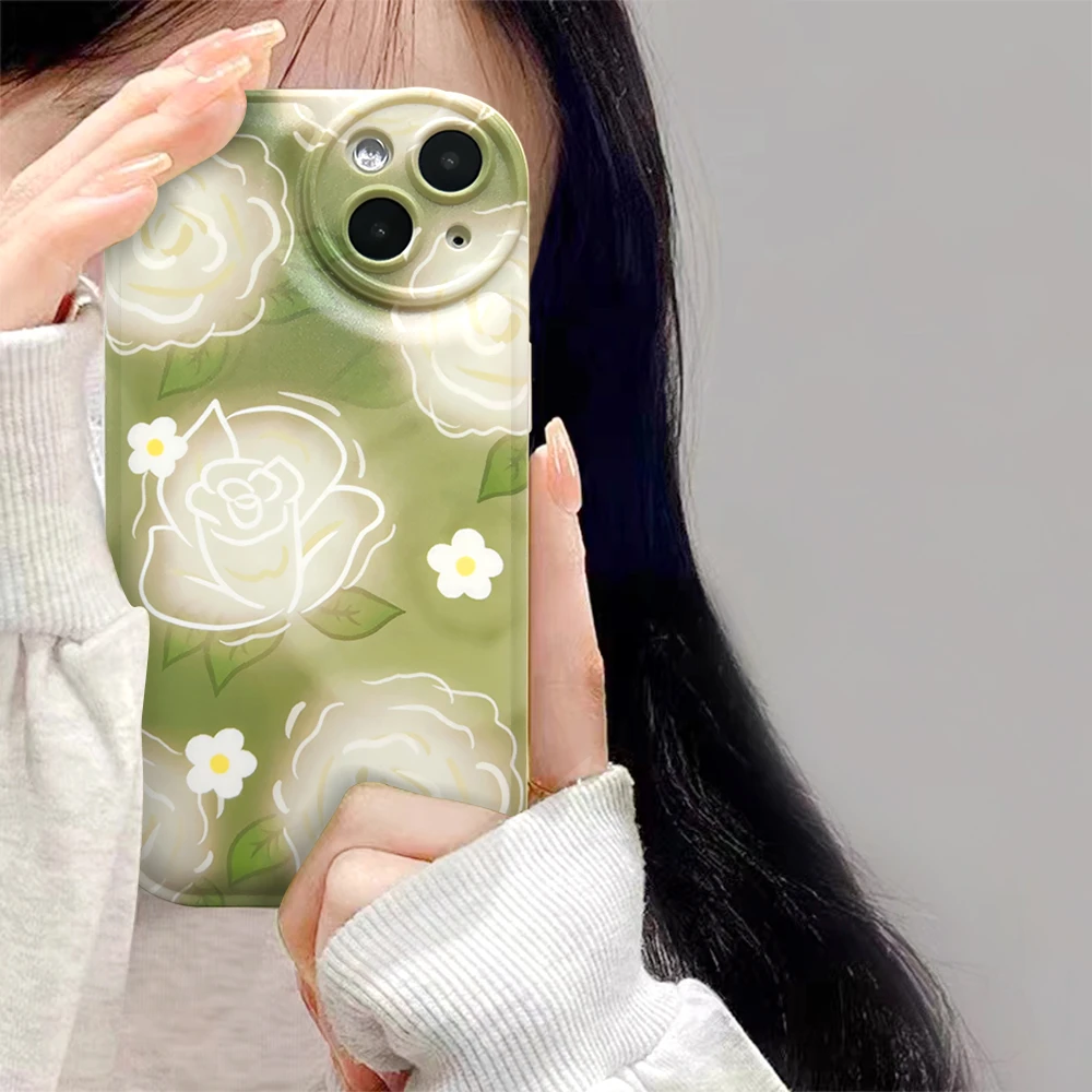适用苹果/华为/OPPO/VIVO/小米F ins网红绿底清新花朵防摔手机壳