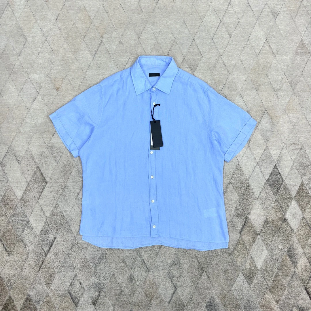 全新未使用 ErmenegildoZegna 129689 杰尼亚蓝色亚麻衬衫短袖