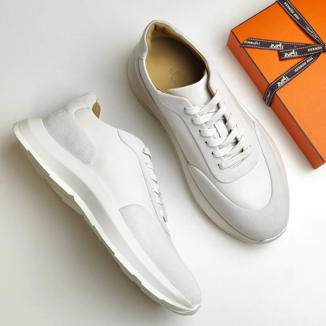 全新未使用 Hermes/爱马仕 130911 爱马仕白色皮革网面运动鞋
