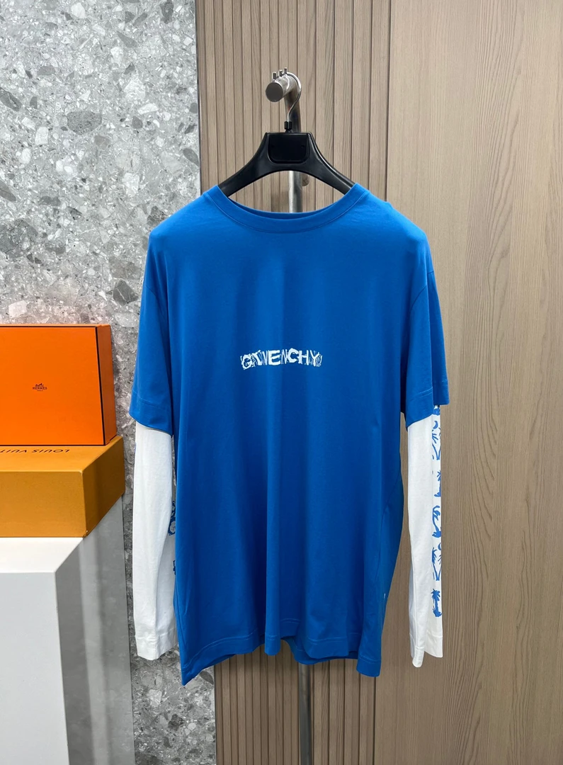 全新未使用 Givenchy/纪梵希 130089 纪梵希小logo假两件蓝色卫衣