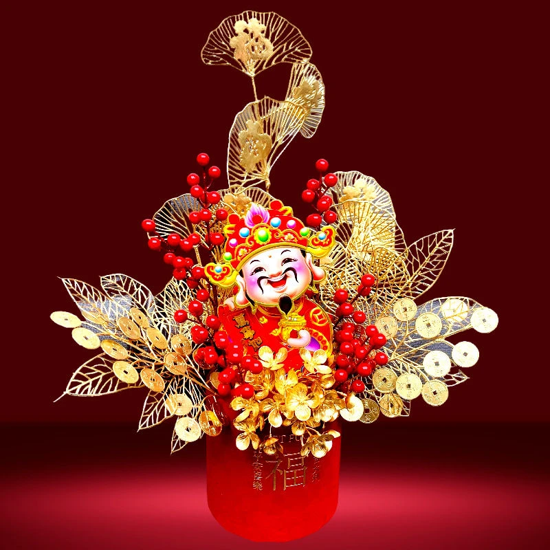 摇头财神红果插花福桶摆件春节装饰品电动摇头财神爷财神到过年