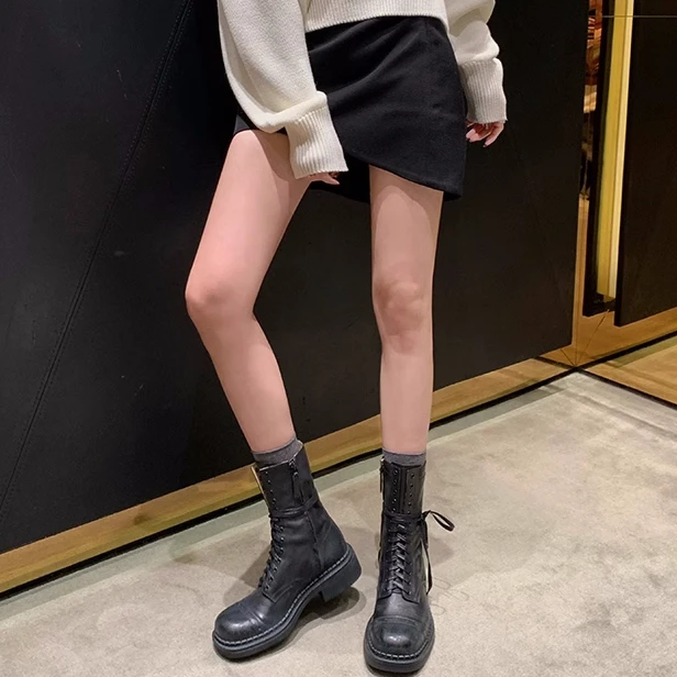 大叔工厂店女鞋~英伦风新款圆头侧拉链绑带百搭显瘦ann马丁短靴女