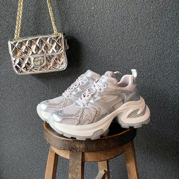 大叔工厂店女鞋~轻便运动鞋透气网面厚底增高老爹鞋女2024年新款