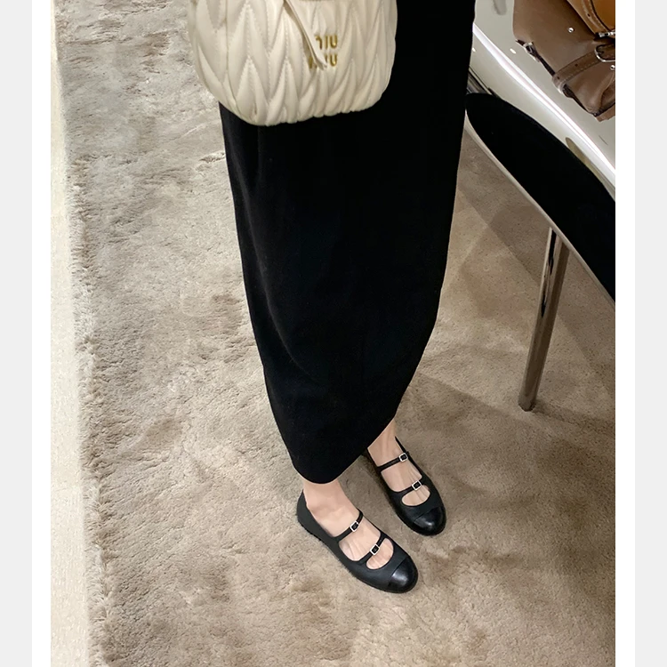 大叔工厂店女鞋~小香风拼色圆头复古双扣带玛丽珍鞋浅口平底鞋女