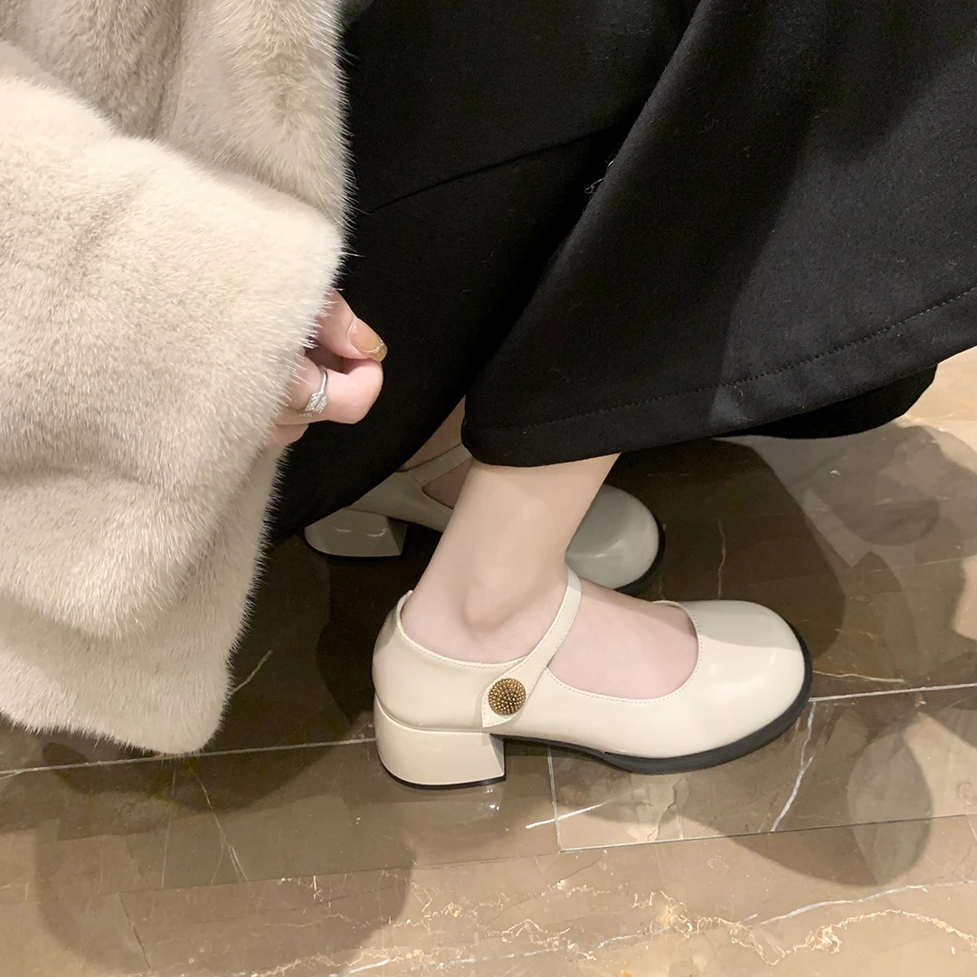 大叔女鞋家 春秋新款性感圆头一字粗跟高跟鞋浅口单鞋玛丽珍女鞋