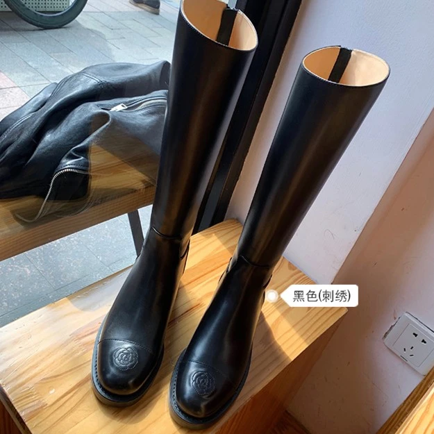 大叔工厂店女鞋~年秋冬季刺绣山茶花软皮后拉链高筒长靴女骑士靴