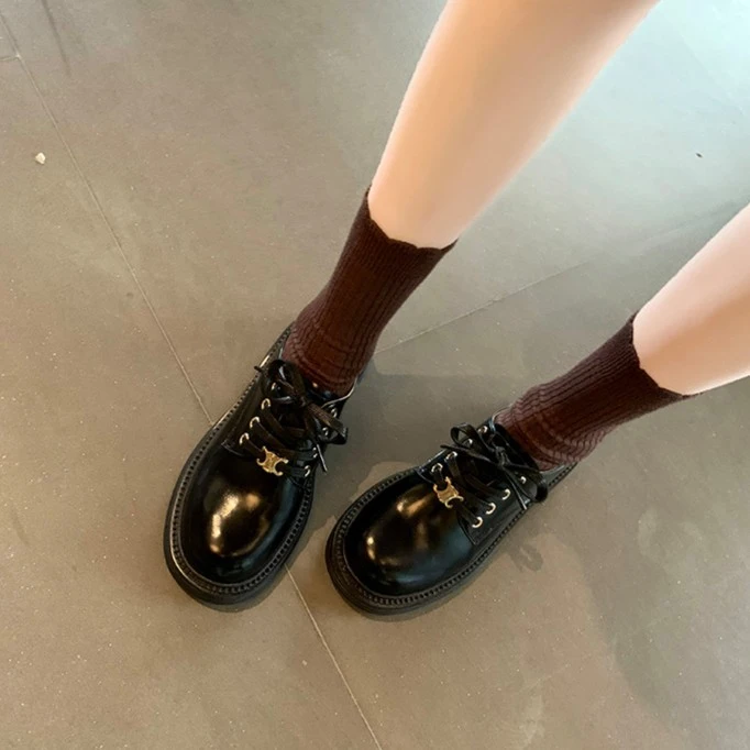 大叔女鞋2024春秋英伦圆头粗跟厚底系带乐福鞋小皮鞋女真皮学院风