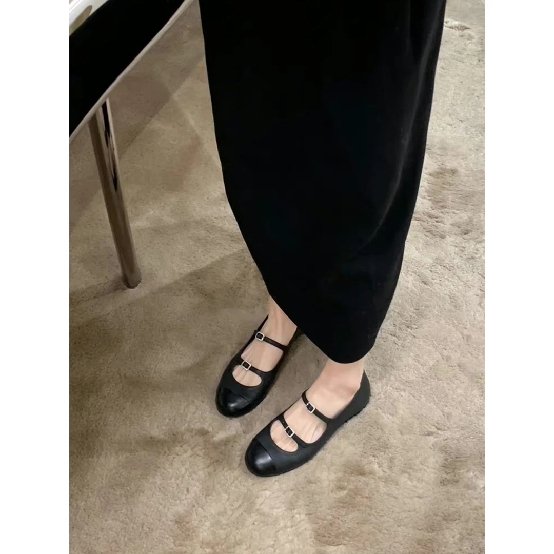 小陈姐专属~小香风拼色圆头双扣带玛丽珍鞋单鞋浅口平底鞋一字带