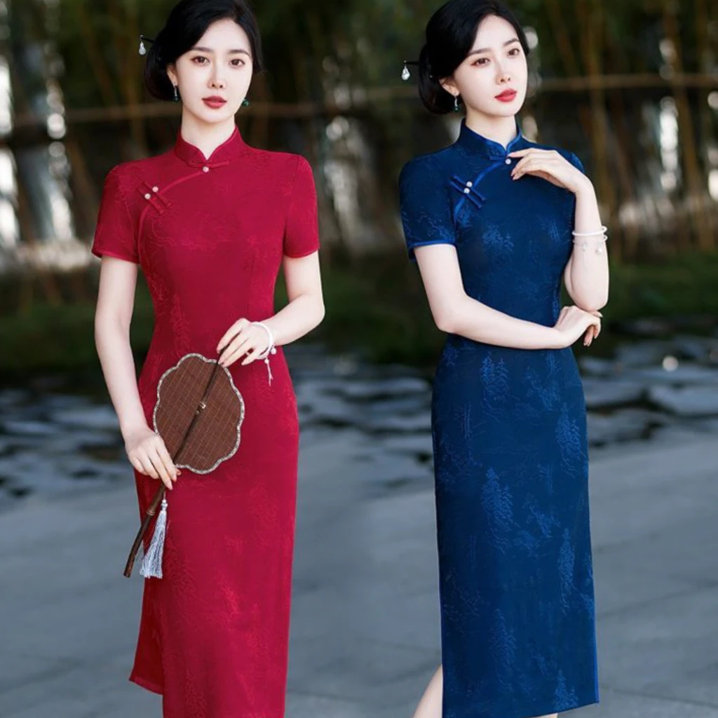 2024夏季新款复古国风旗袍连衣裙送考妈妈装婚宴喜婆婆礼服裙子女