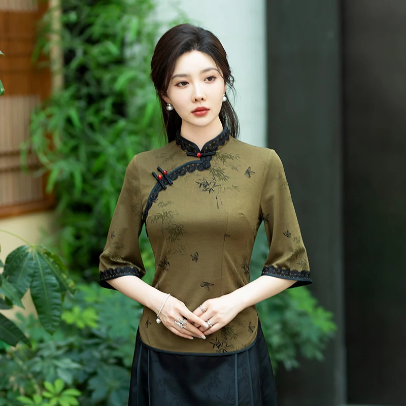 高档复古中国风旗袍上衣七分袖早秋新款中式唐装妈妈装修身打底衫