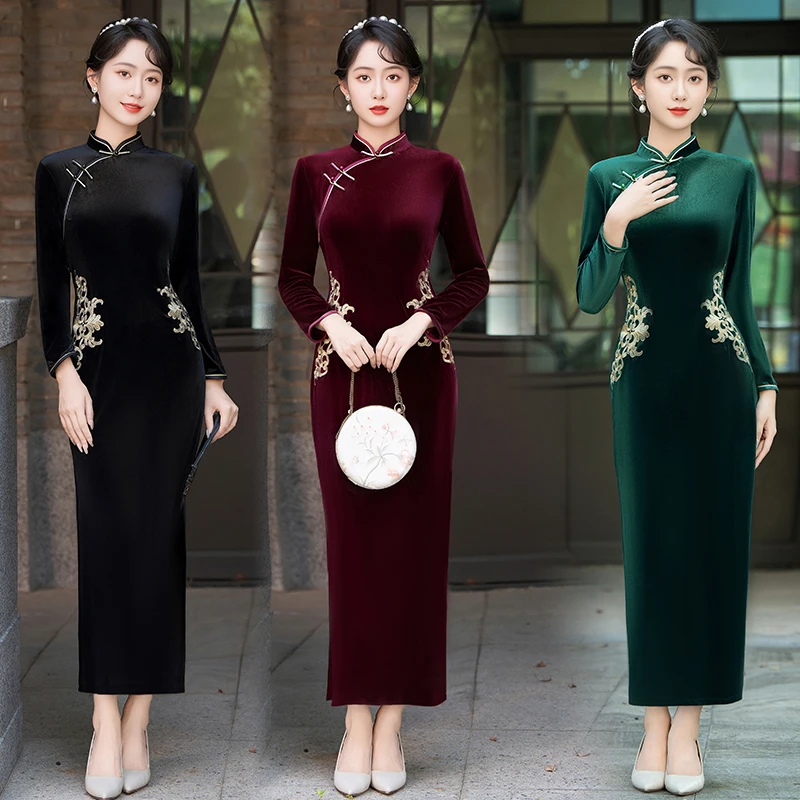 春秋新款长款高档旗袍连衣裙复古国风妈妈装日常婚宴走秀礼服厚款