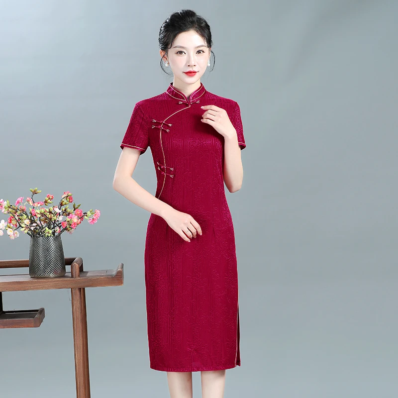 中老年夏装新款送考复古旗袍裙洋气妈妈弹力冰丝显瘦连衣裙中长款