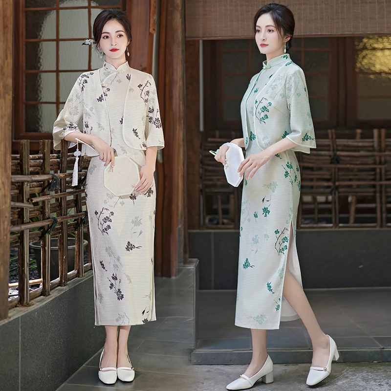 高档旗袍女改良长款春夏新款提花洋气中国风旗袍披肩两件套连衣裙