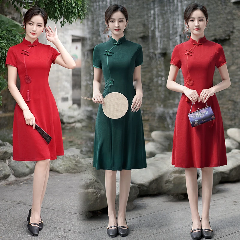 妈妈夏装旗袍裙红色高贵新中式潮流中老年人婚庆宴会礼服连衣裙女
