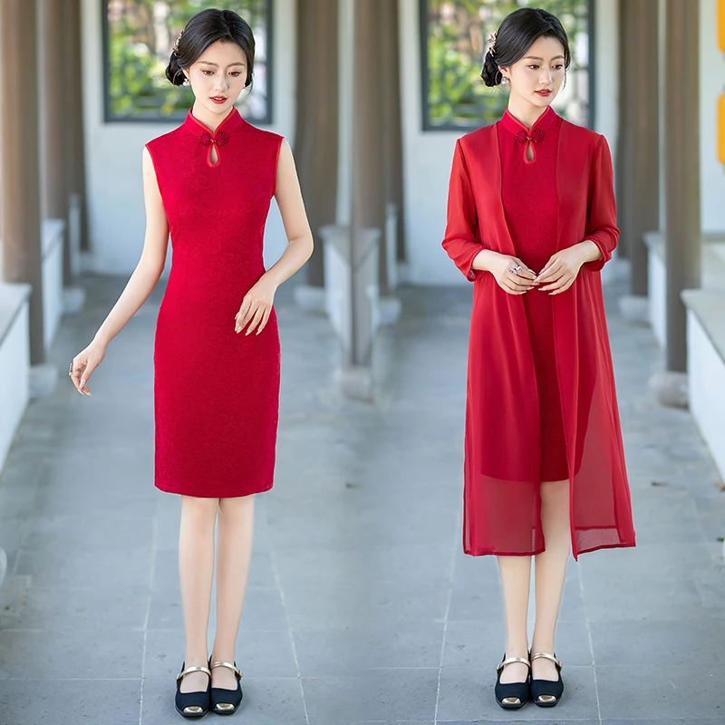 高档复古中国风改良旗袍连衣裙披肩两件套气质显瘦妈妈装日常婚宴