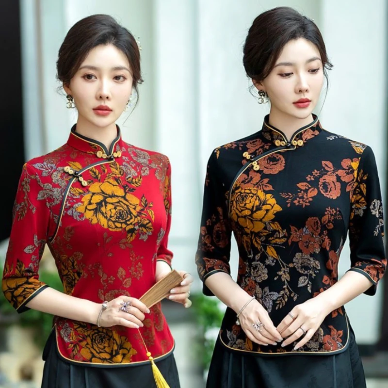 2025春夏新款复古中国风旗袍上衣中式唐装洋气妈妈装小衫七分袖女