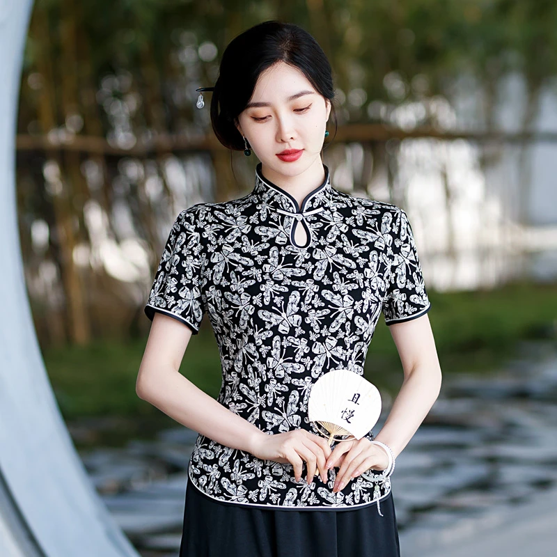 2025夏季新款高档复古国风旗袍上衣中式唐装妈妈装短袖修身t恤女