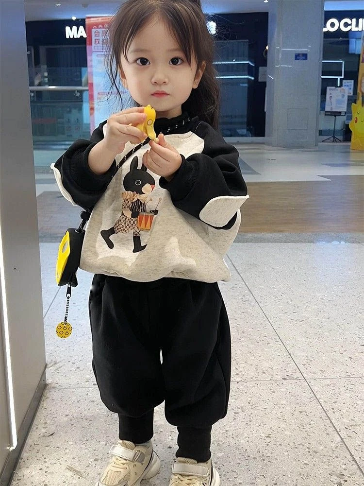 【冬季两层加绒加厚】女宝宝套装儿童洋气肩袖男女童加绒卫衣卫裤