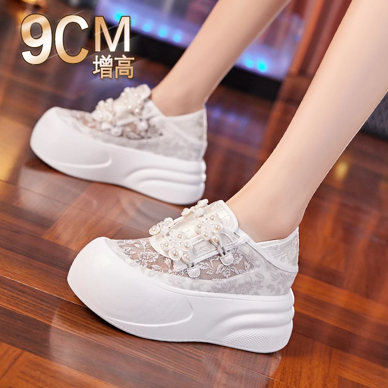 8公分小白鞋女2024夏季新款透气新中式国风女鞋厚底内增高板鞋