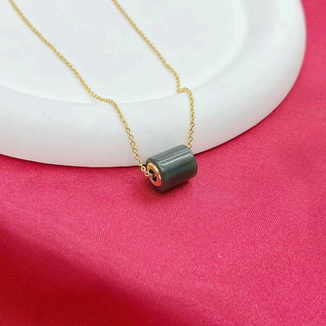 【传杰专属】足金24K天然新疆和田玉塔青金镶玉路路通吊坠（赠链）G15