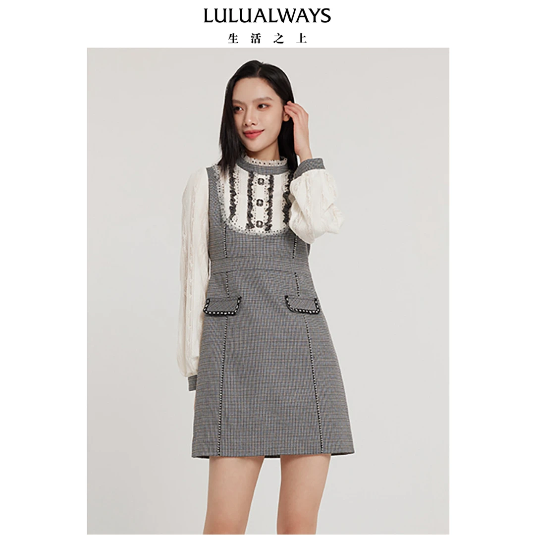 LULUALWAYS24春季新款优雅大方格子拼接蕾丝短款连衣裙