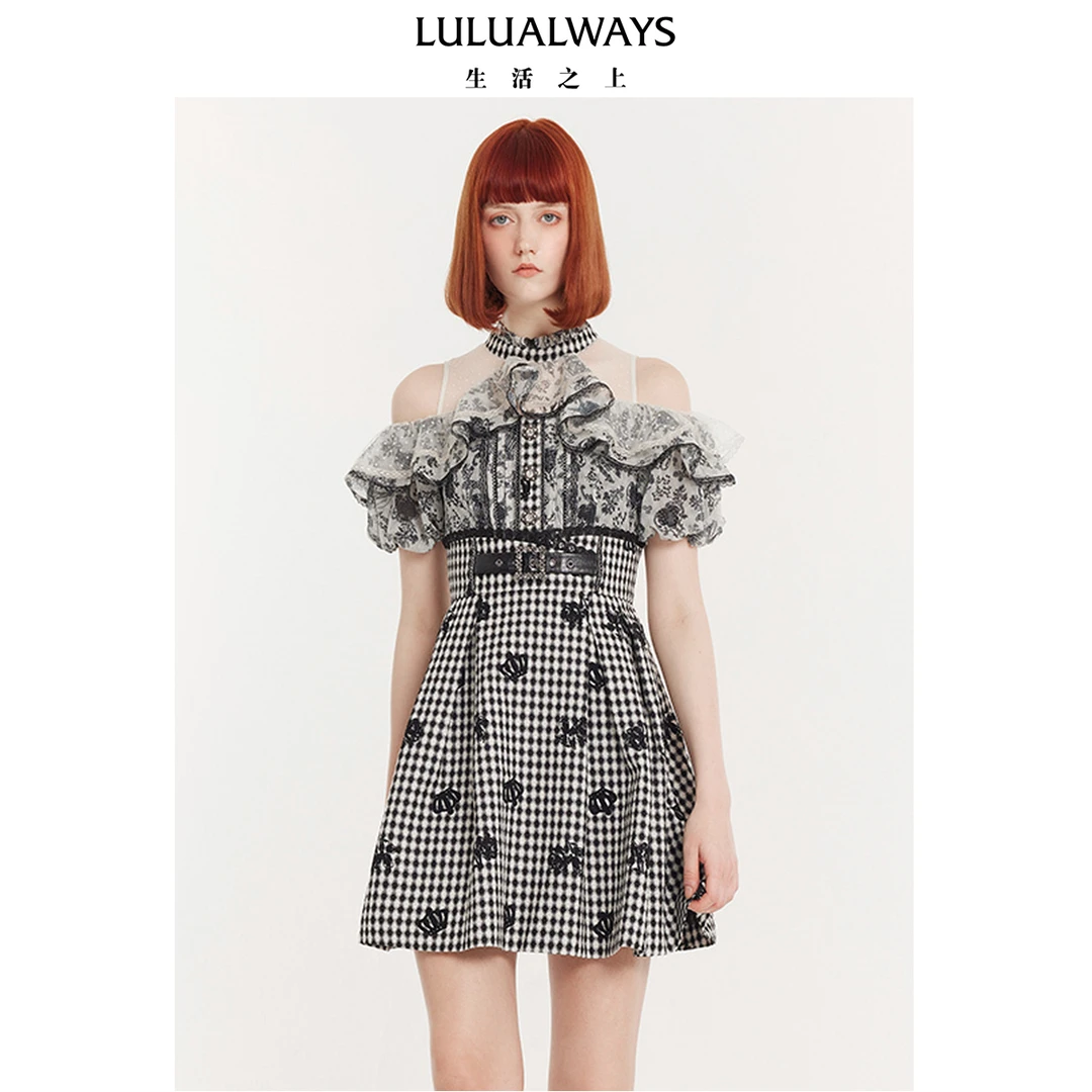 LULUALWAYS24夏季优雅时尚格子植绒新款短款连衣裙
