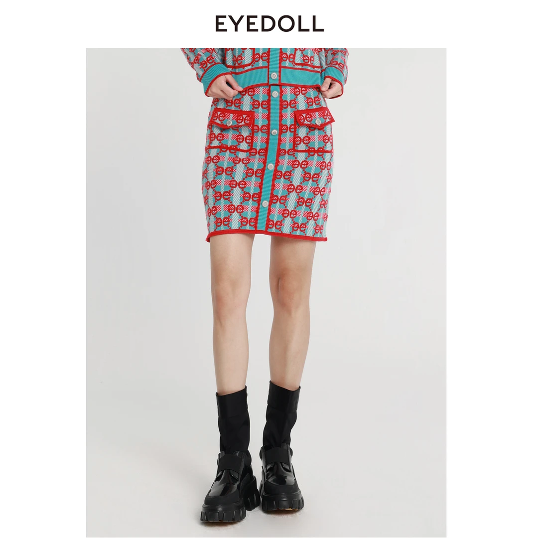 EYEDOLL【商场同款】23冬季新款气质显瘦经典对称A字包臀针织半裙