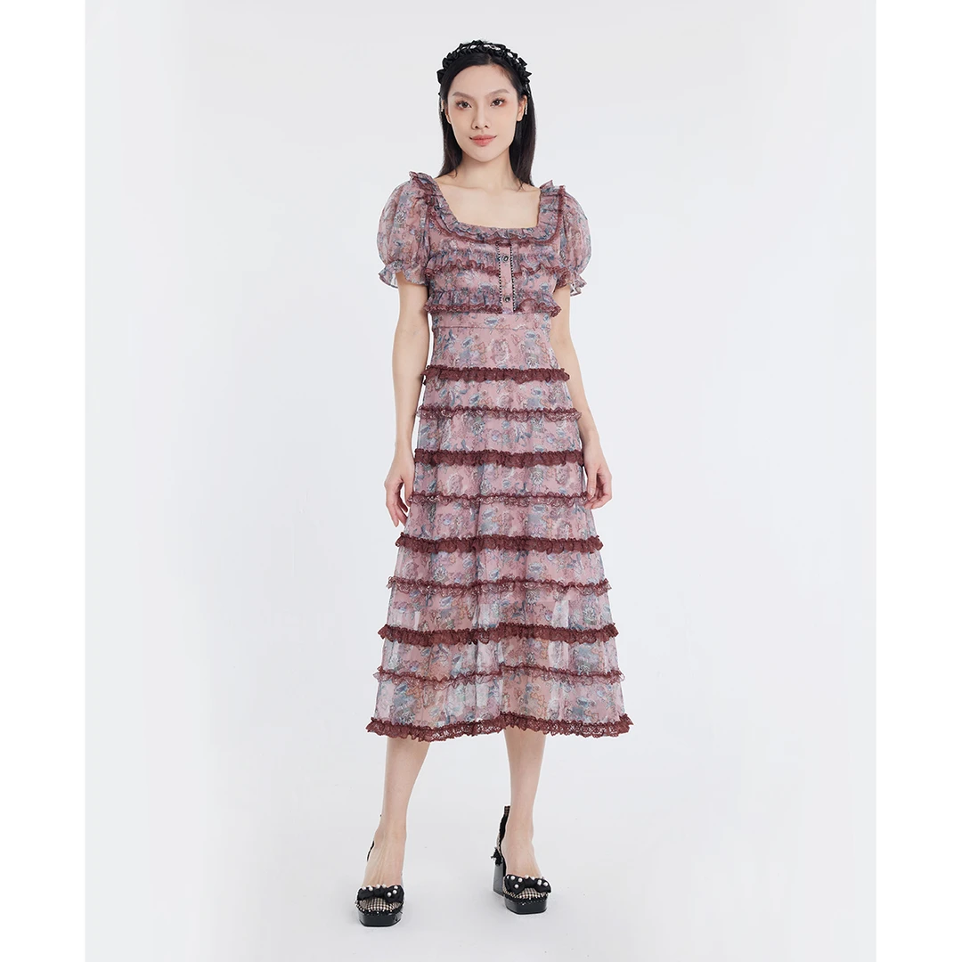 LULUALWAYS【华尔兹2.0】氛围感欧根纱印花长款气质连衣裙