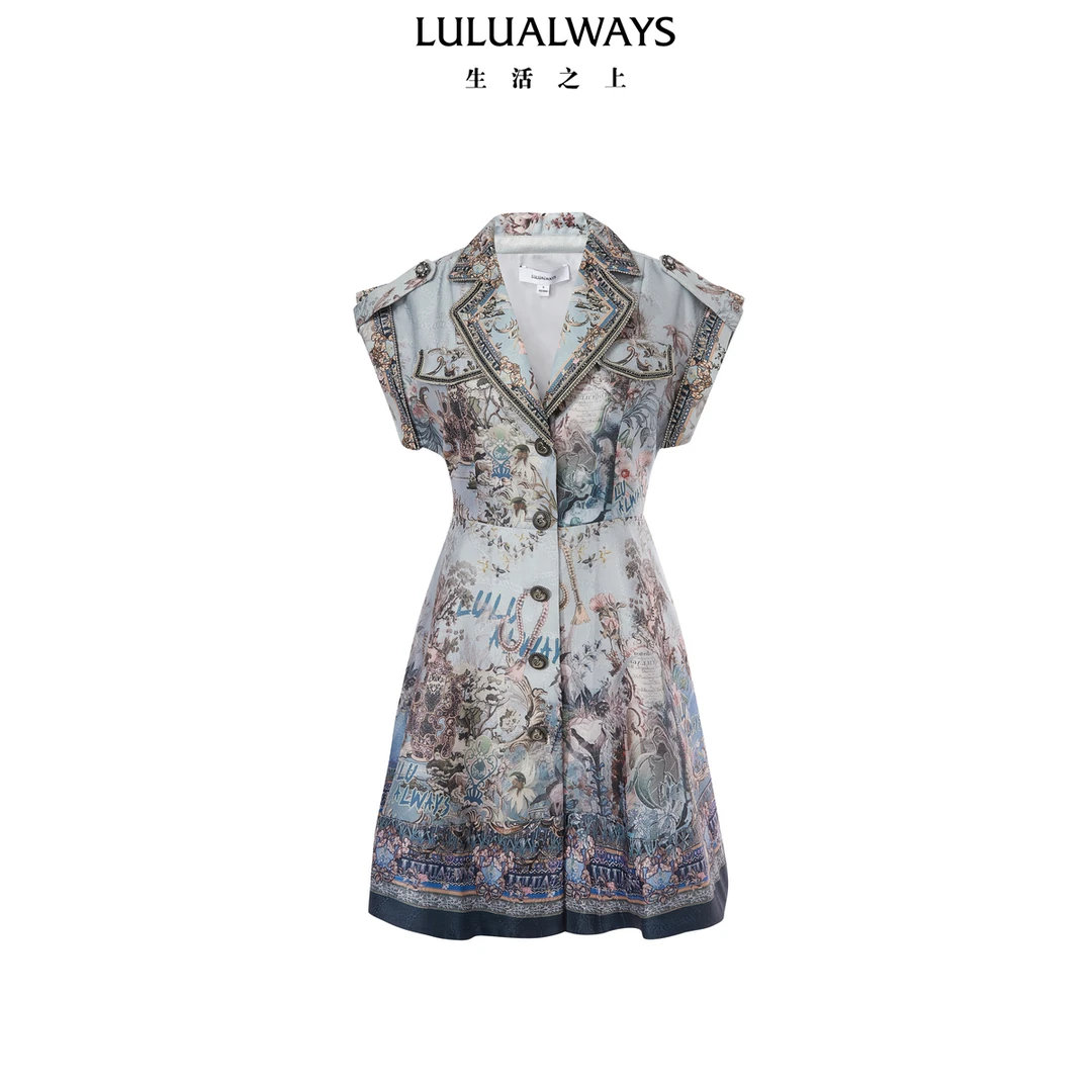 LULUALWAYS【商场同款】24秋季新款西装领单排扣泡泡提花连衣裙女