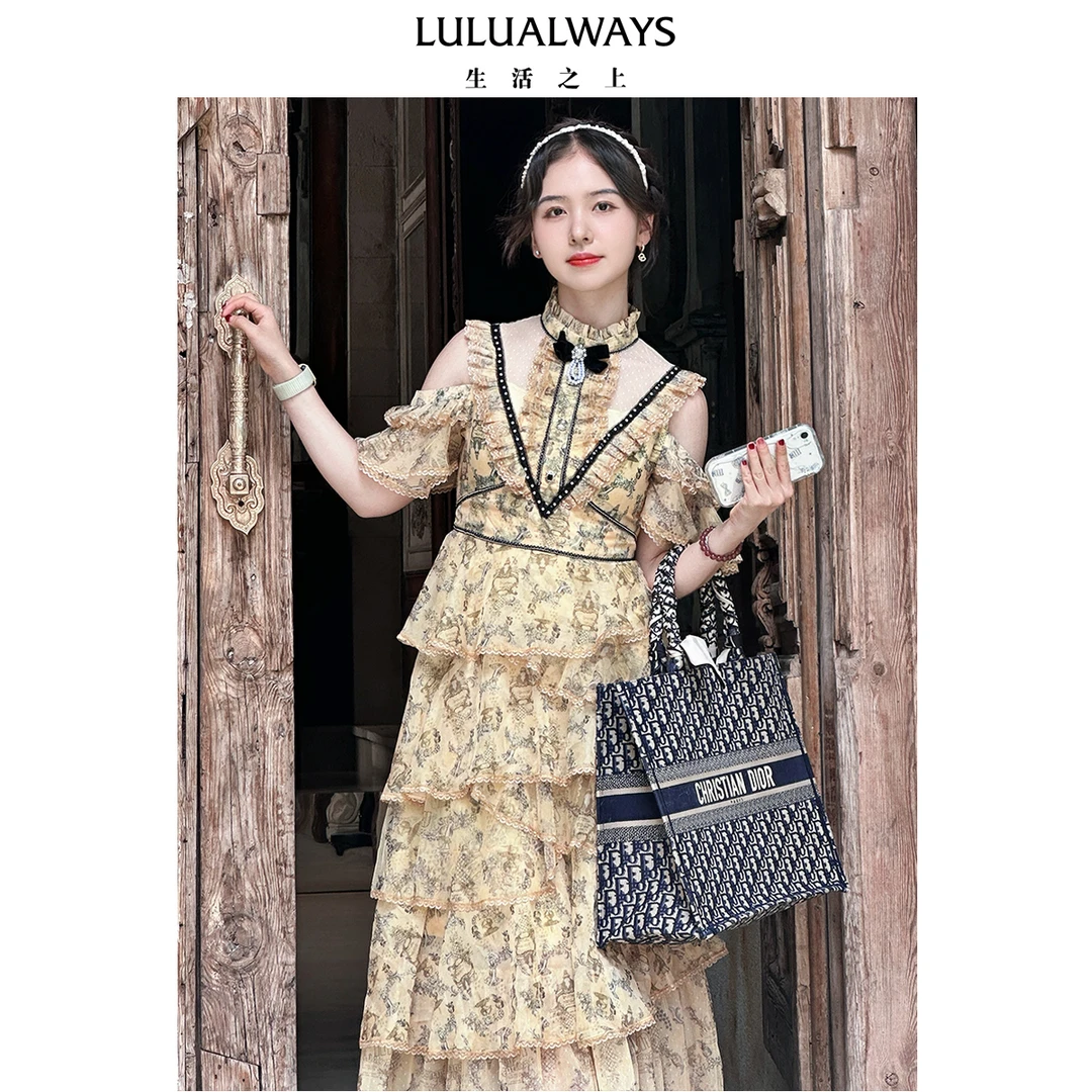 LULUALWAYS我爱露露24秋季新款优雅女神范印花雪纺露肩长款蛋糕裙