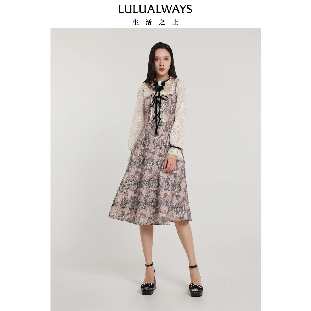 LULUALWAYS24春季复古提花拼接蕾丝中长款连衣裙