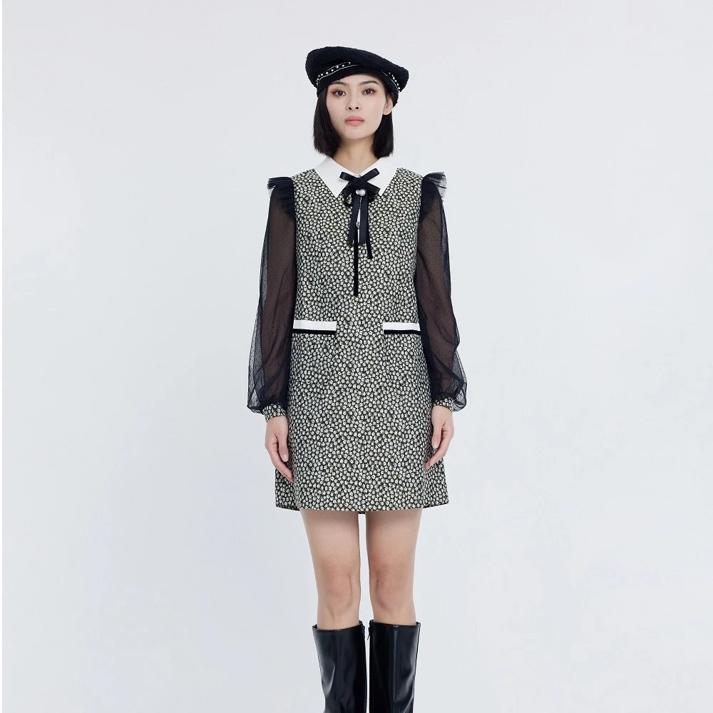 EYEDOLL 秋季新款甜美蝴蝶结提花连衣裙DOC5011