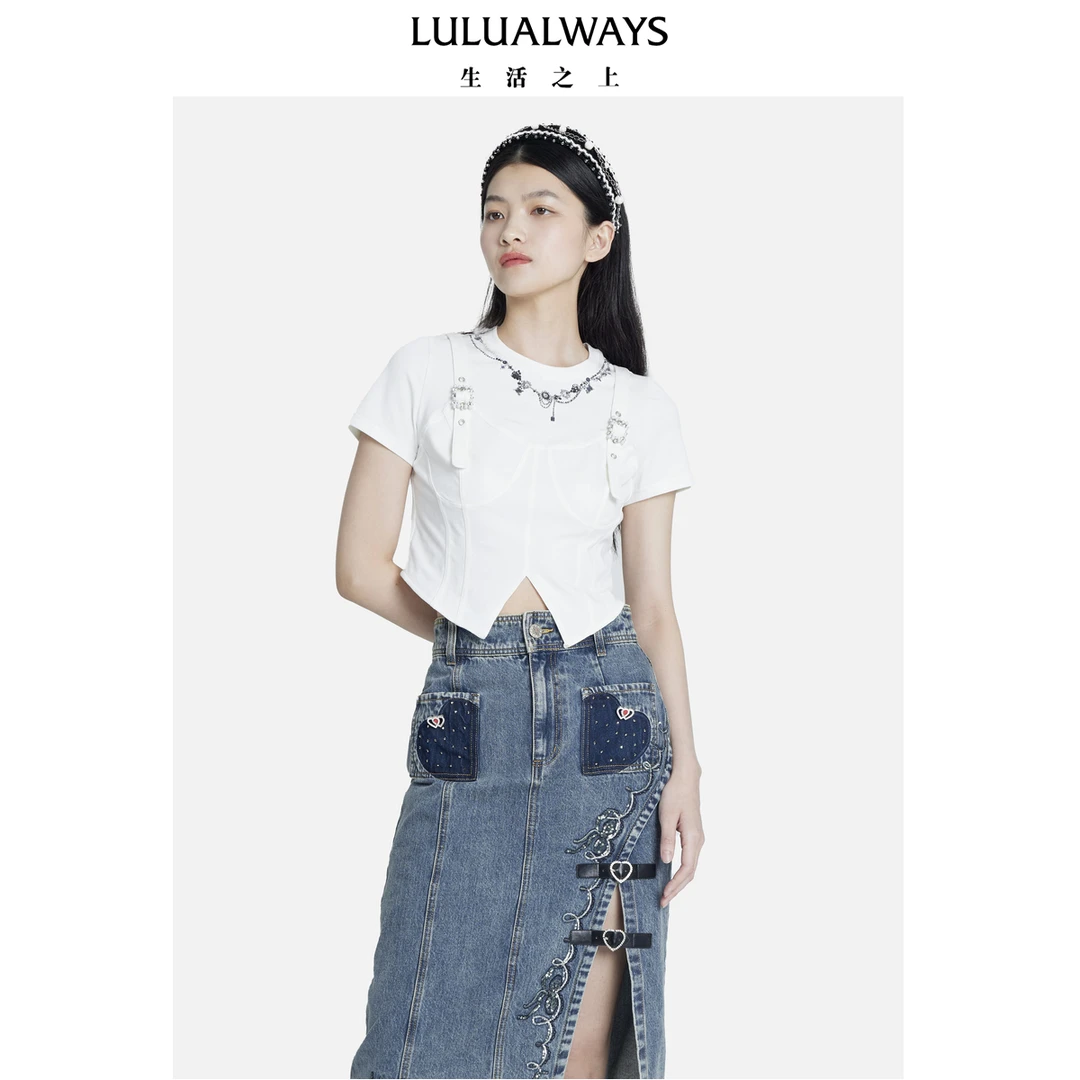 【若谷大大】LULUALWAYS秋新款通勤百搭链条背带短袖上衣T恤LOC33