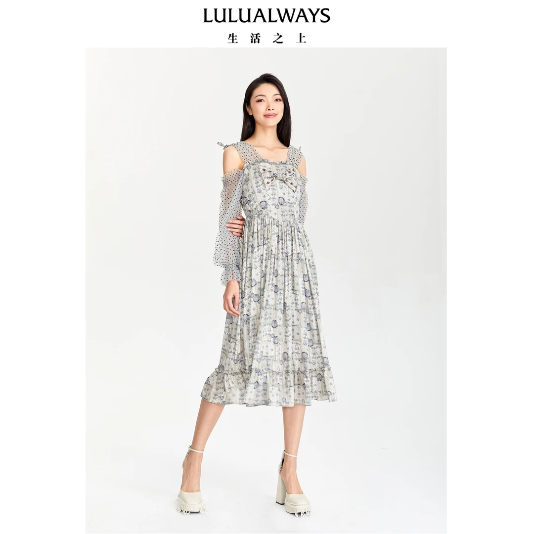 LULUALWAYS23夏季优雅长袖蝴蝶结印花女装连衣裙LOB536K