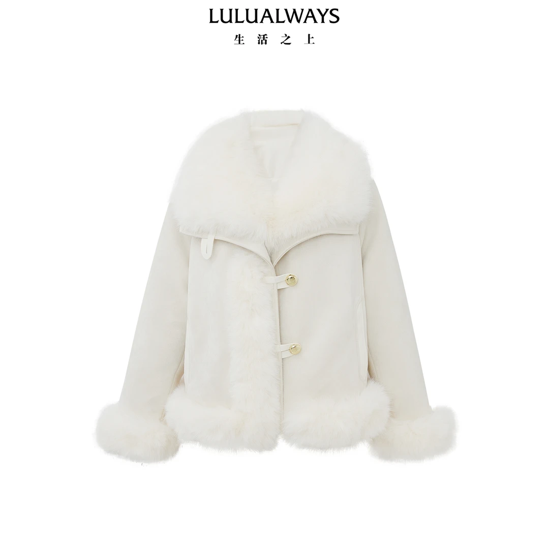 LULUALWAYS我爱露露冬季新款仿狐狸毛拼接机车外套短款羽绒服女