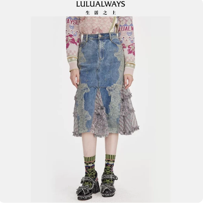 LULUALWAYS 秋季 牛仔蕾丝拼接长半裙 LNC4010