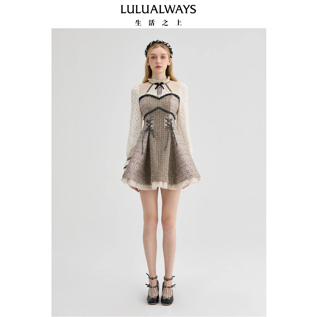 【商场同款】24冬季新款优雅复古小香风绑带短款连衣裙