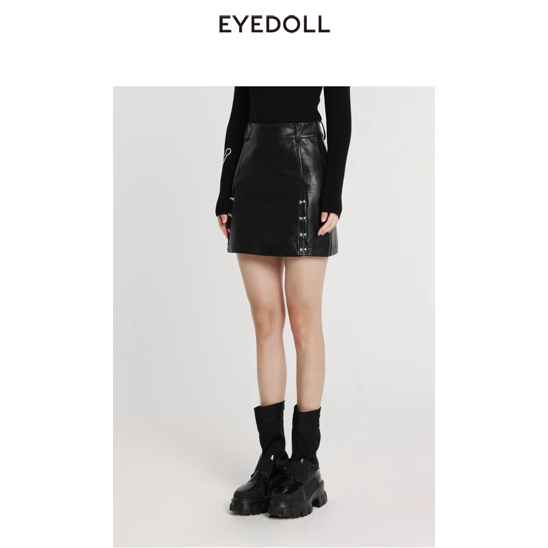 EYEDOLL【商场同款】冬季新款百搭显瘦时尚黑色小A字裙皮短裙